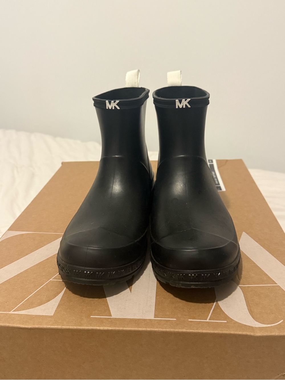 Michael Kors Black Short MK Rain Boots with White Pull Tabs